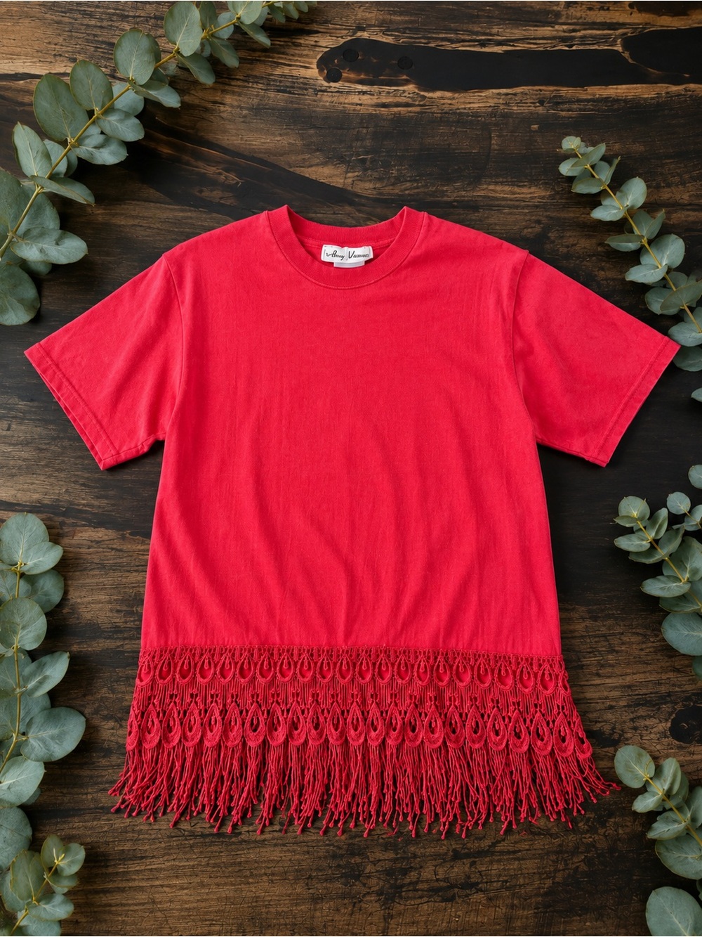 Amy Young Red Fringe Hem Top Vintage Boho Festival Tee Size M